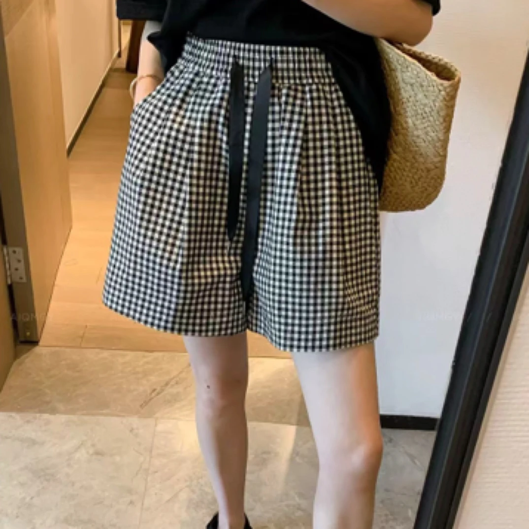 2615黑白格子短裤女夏季薄款高腰松紧腰百搭休闲五分裤宽松韩版女