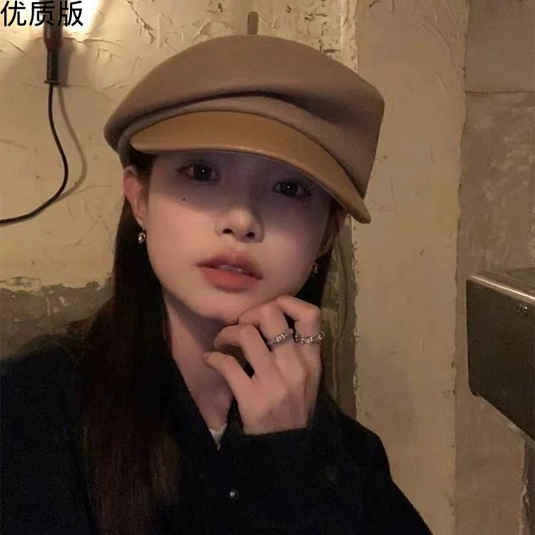 法式优雅羊毛拼皮八角帽子chic风女秋冬潮百搭显脸小画家帽报童帽