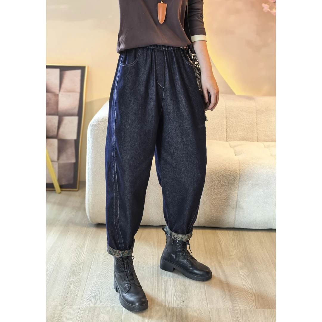 （浅笑）25073 环保底印花牛仔裤女秋季时尚百搭休闲抽绳萝卜裤.