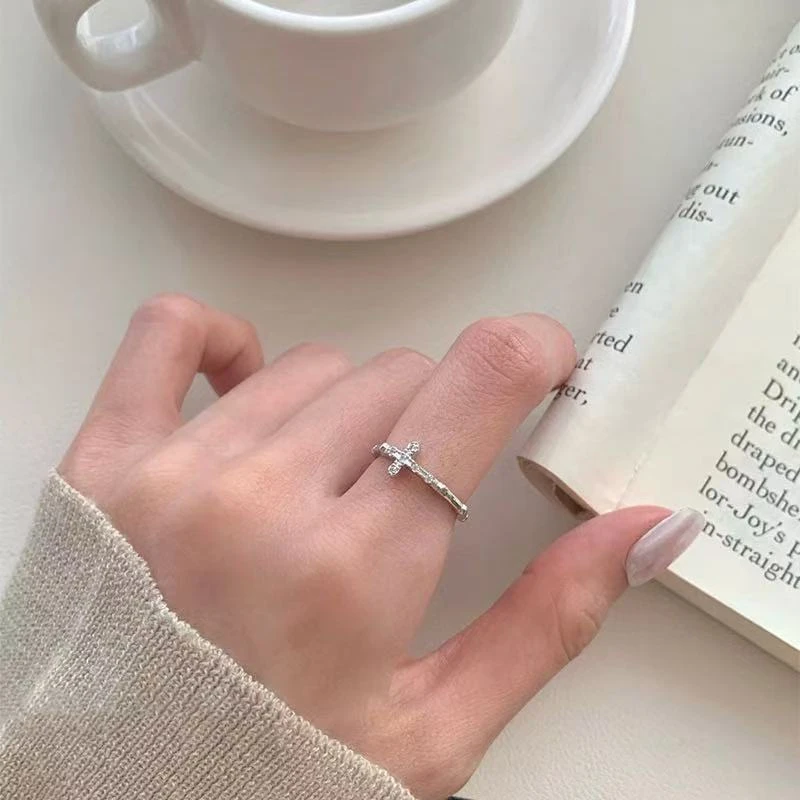 925银戒指 s925银戒指活口精致小众十字架戒指女镶钻食指戒首饰潮