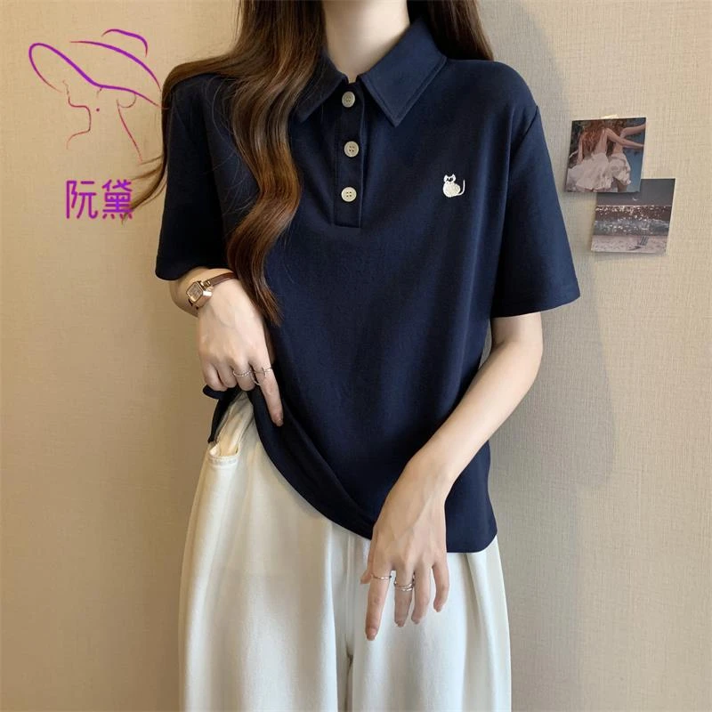 阮黛女装夏季Polo领正肩短袖T恤胖mm遮肚显瘦设计感小众半袖上衣