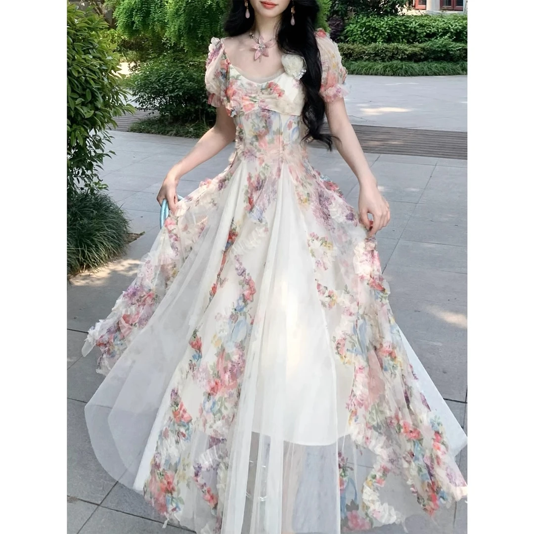 花屿漫游 法式浪漫复古重工立体花朵网纱拼接感连衣裙夏