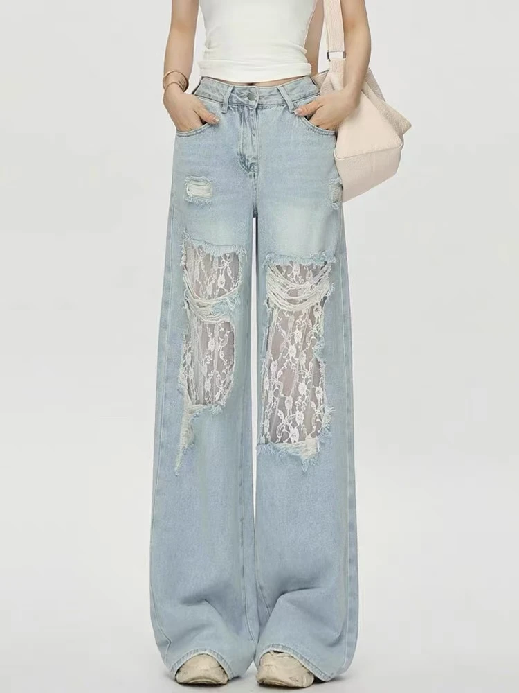 复古破洞蕾丝拼接牛仔裤女宽松阔腿显瘦春夏季设计感高腰直筒长裤