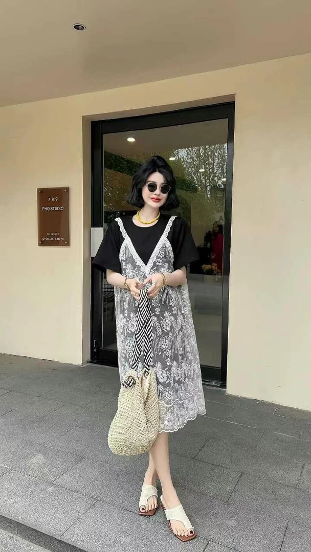 高级蕾丝提花重工艺舒适柔软宽松显瘦中长款假两件蕾丝连衣裙