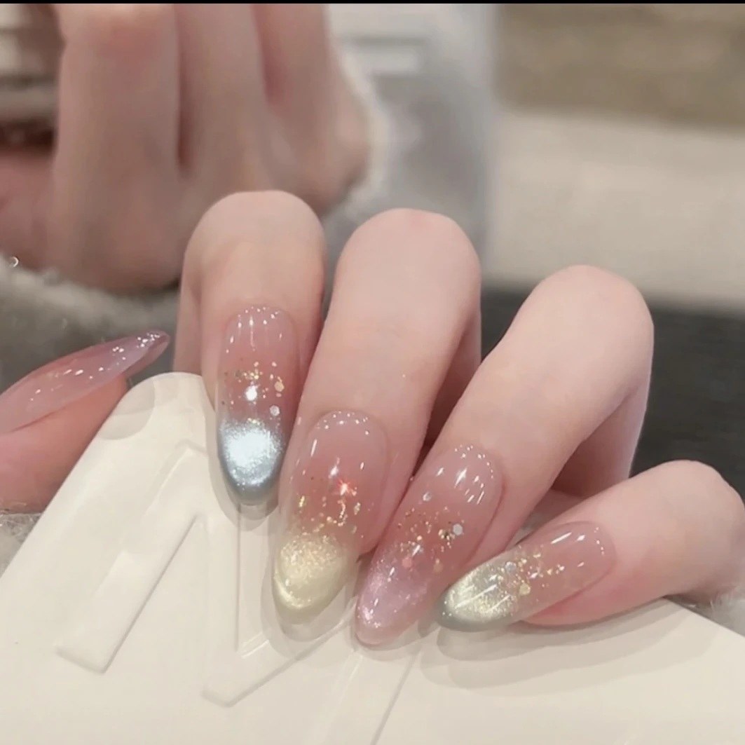 【元气彩虹】夏季多巴胺玻璃珠猫眼穿戴甲爆闪椭圆美甲纯欲10片装