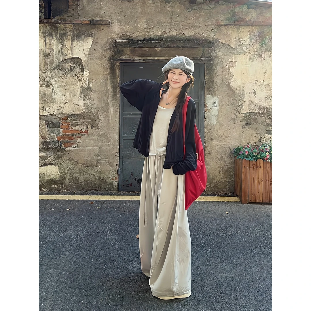 韩系开衫外套修身长袖拉链上衣白色内搭老钱直筒宽松休闲阔腿裤秋