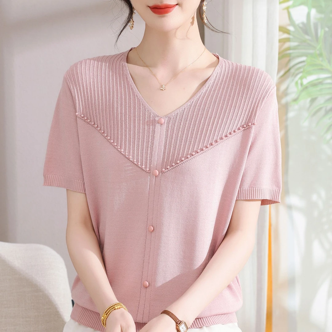2025新款妈妈装冰丝薄款针织衫女夏季短袖T恤中年妈妈V领上衣小衫
