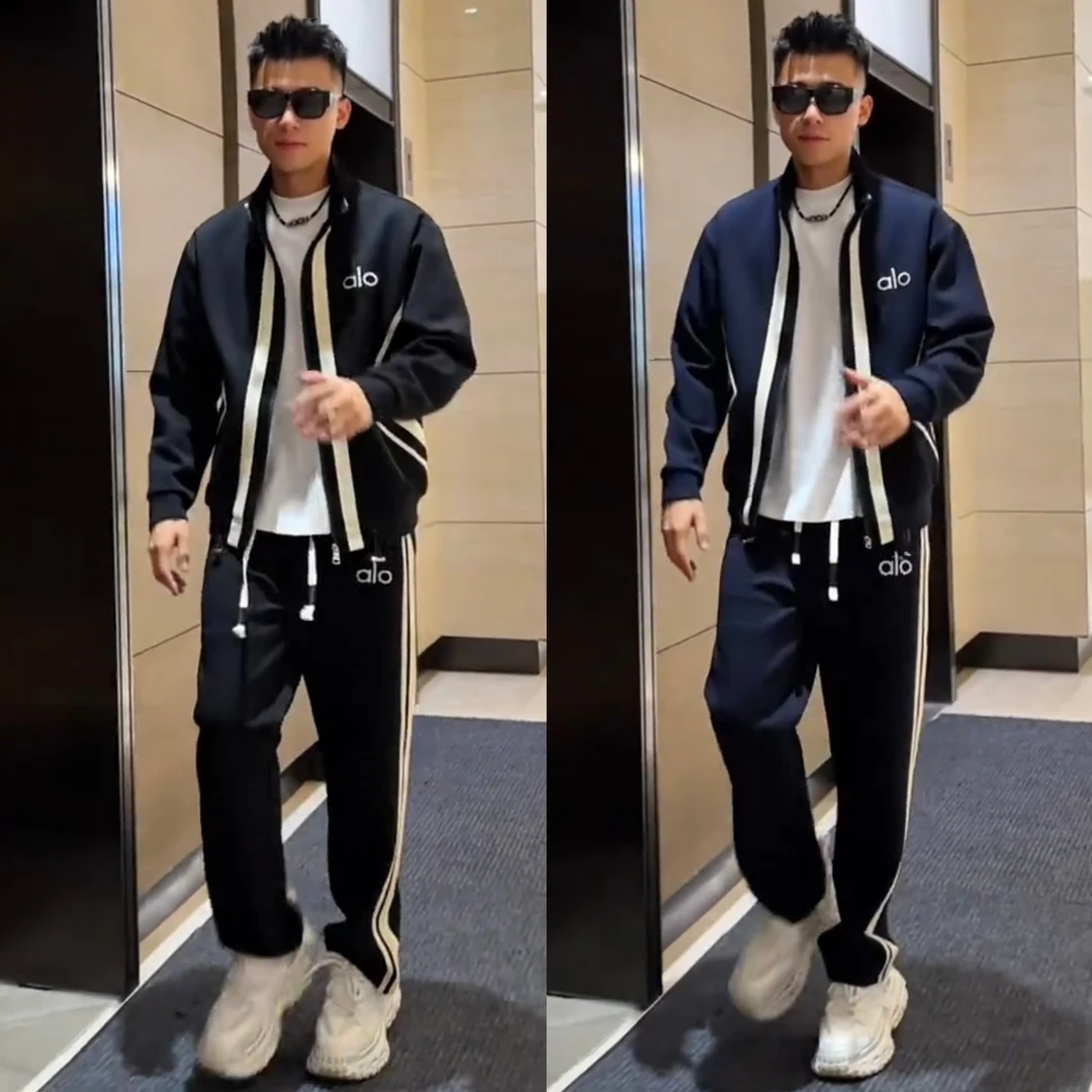 秋季潮牌撞色条纹时尚运动套装男高端空气层立领夹克休闲裤两件套