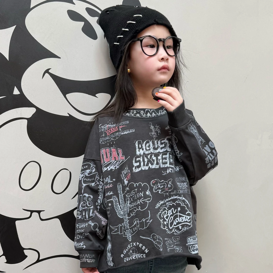 大金定制儿童春季新款潮牌轻奢自制街舞潮酷手绘涂鸦炫彩上衣T恤