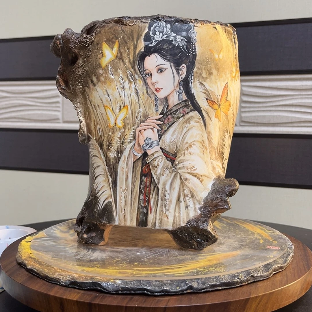 晨辰手绘花盆古风美女芦苇荡