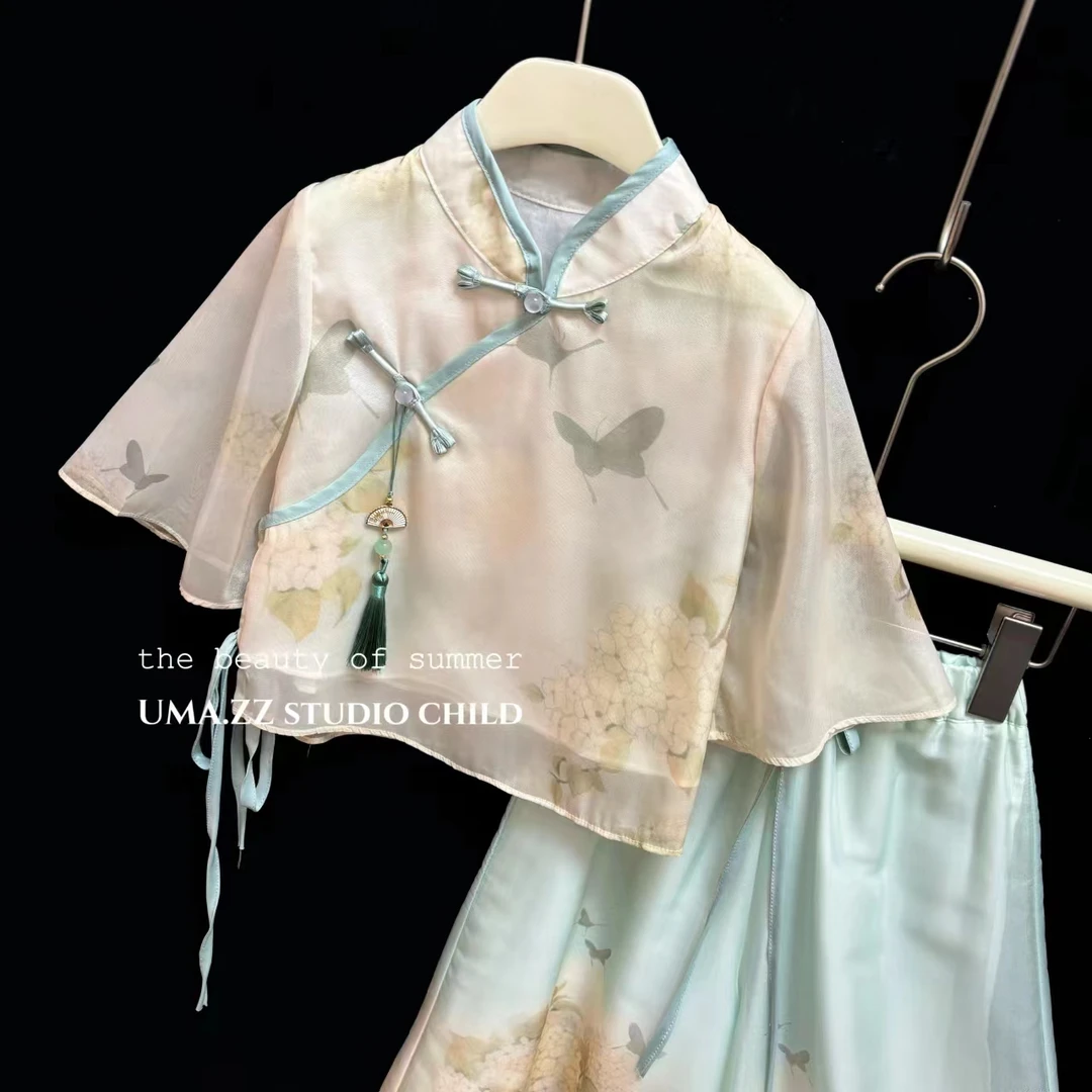 【青青子衿】女童夏季新款洋气中国风汉服套装可爱百搭上衣+裙裤
