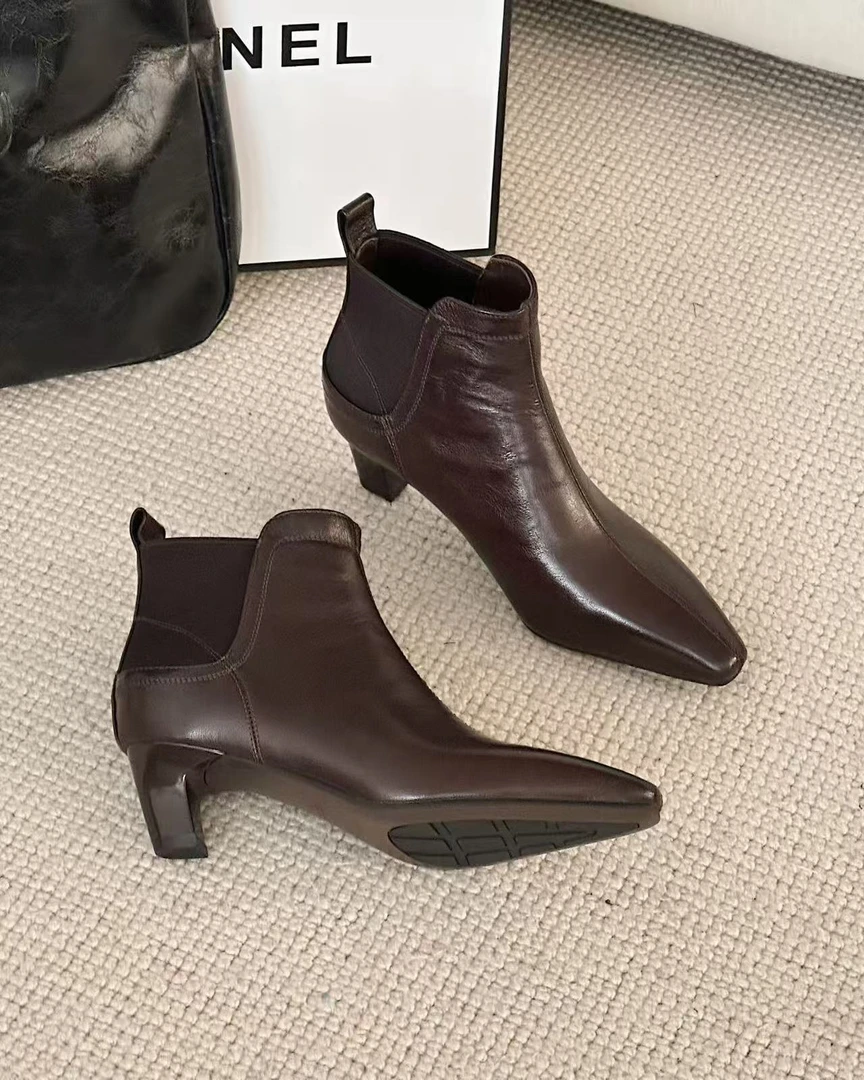 4公分/牛皮/时装靴短筒高跟鞋高跟百搭尖头细跟瘦瘦靴A55095