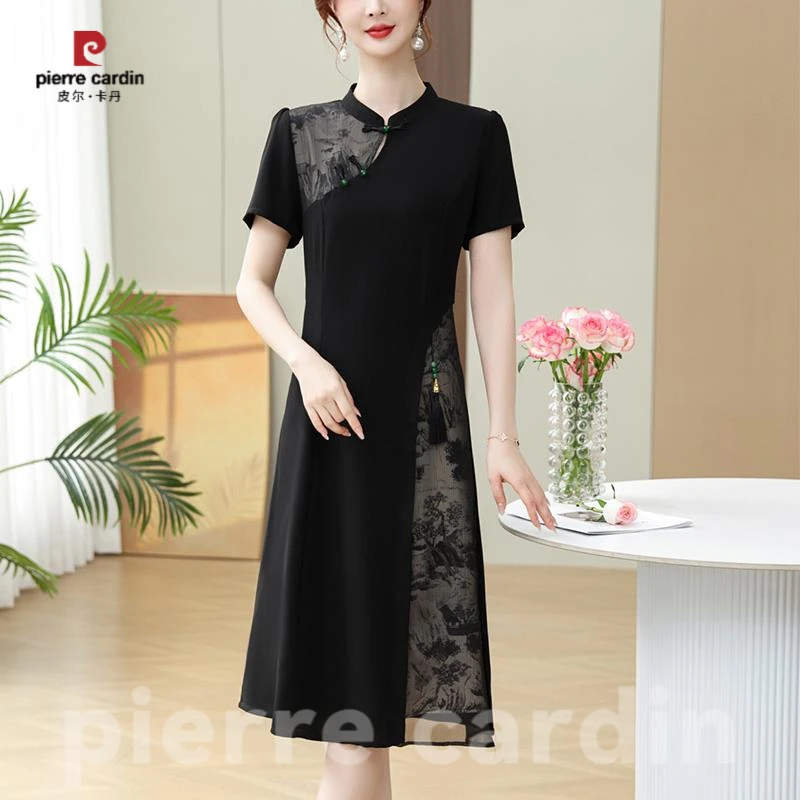 皮尔卡丹2025新款妈妈气质夏装改良旗袍裙贵夫人时尚长裙中年女洋