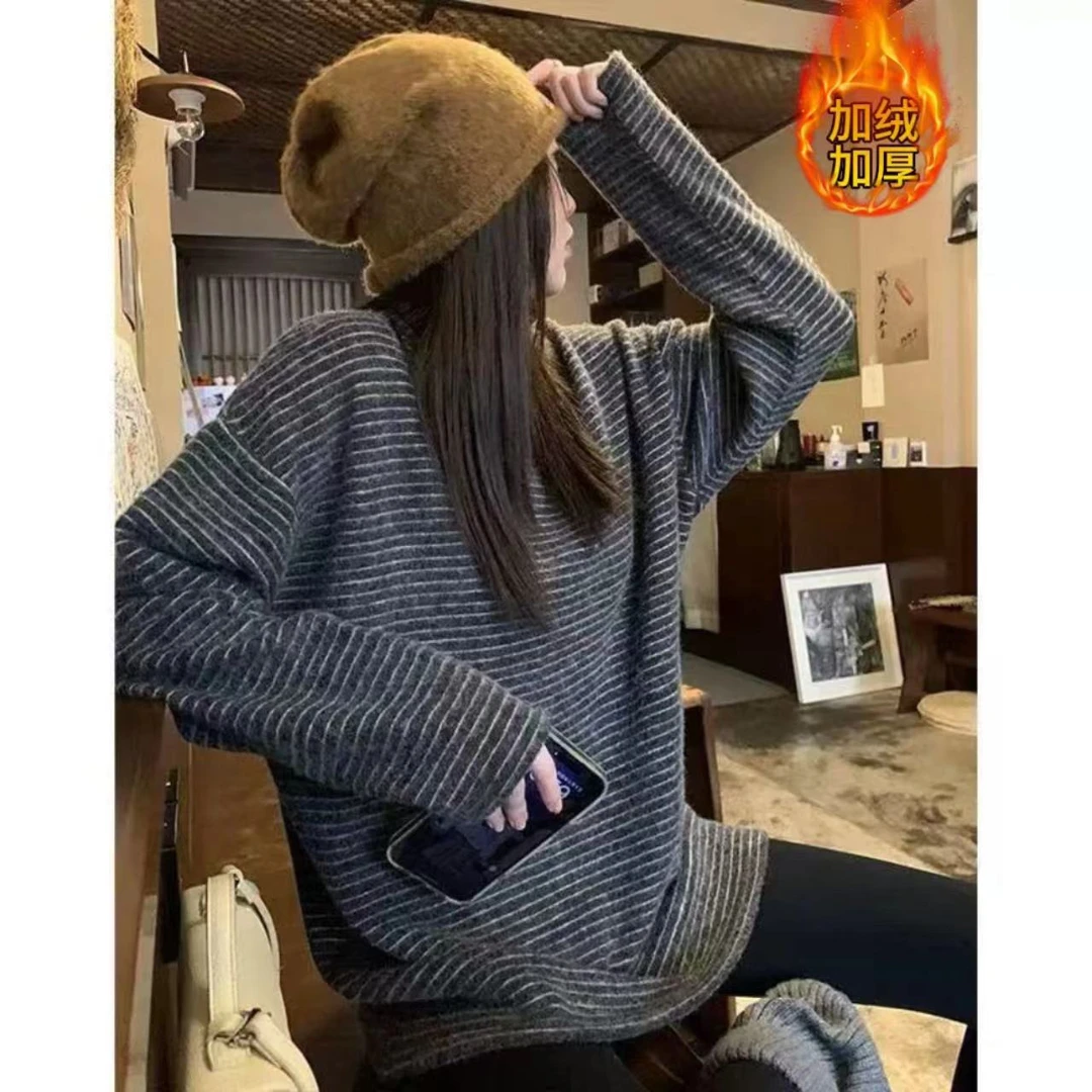 清仓「慵懒风」外贸原单【男女同款】细条纹磨长袖秋冬宽松打底24228