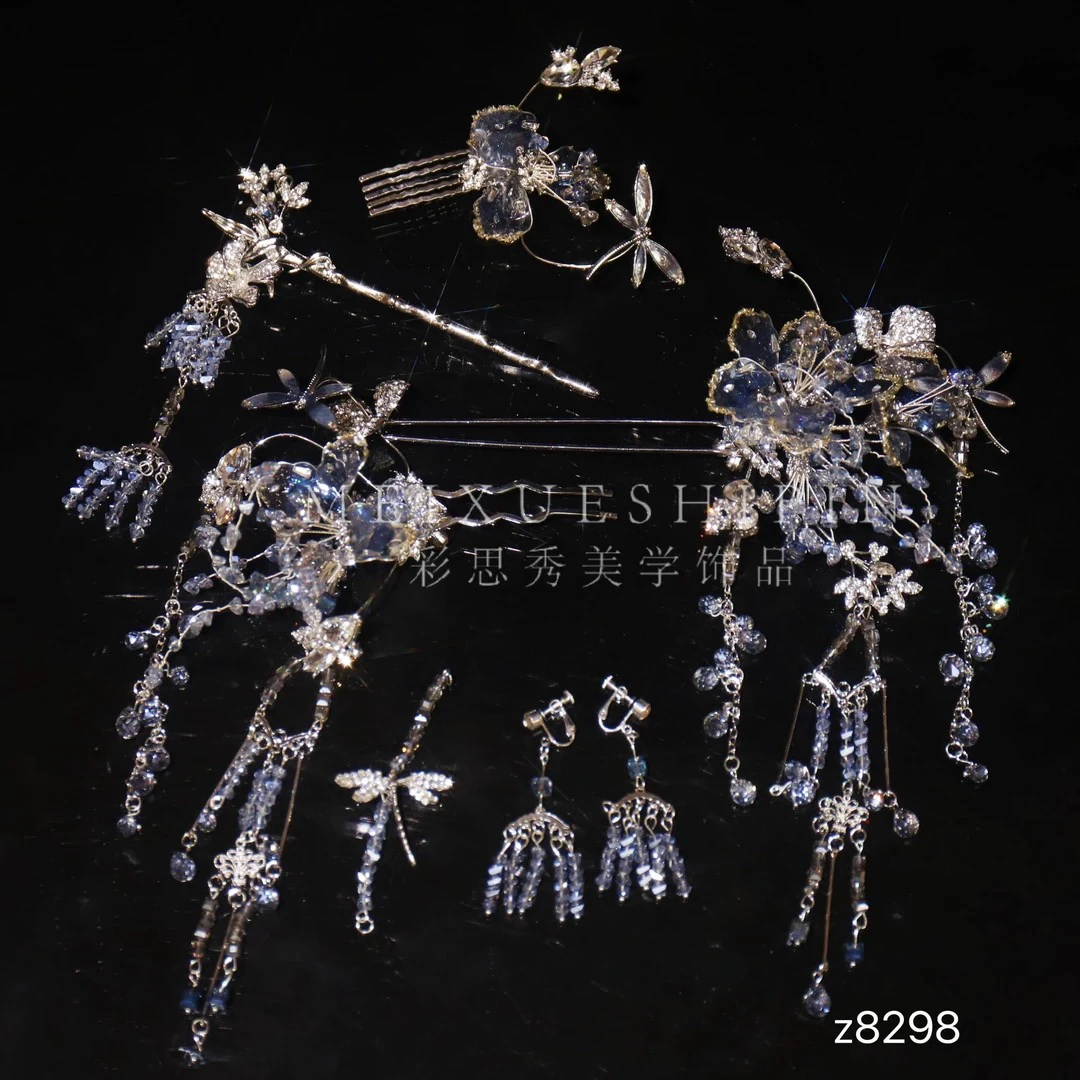z8298新款银蓝色清冷白月光中式婚礼秀禾古风新娘结婚头饰