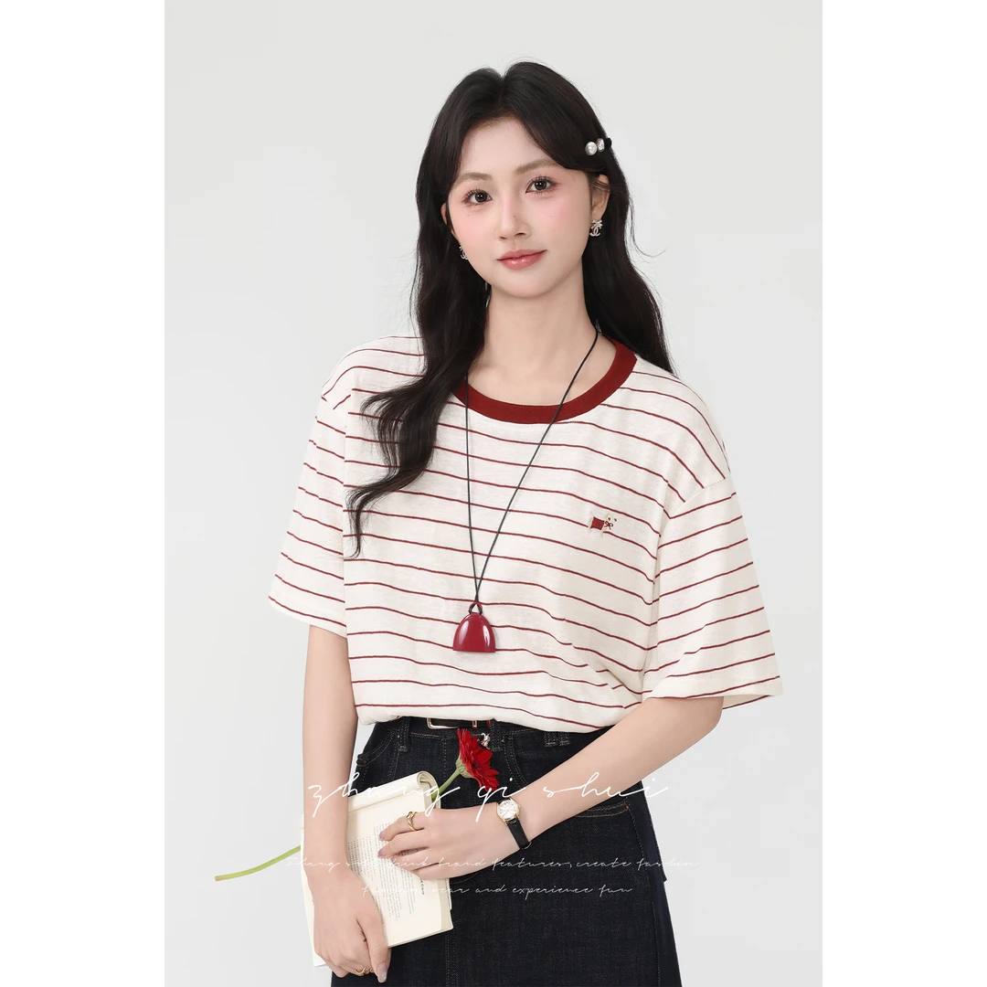 张汽水《甜心女孩》夏季新款条纹短袖正肩t恤女圆领宽松减龄上衣