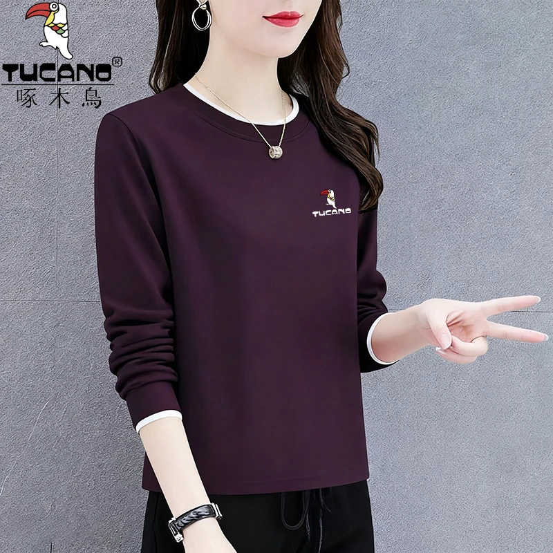 啄木鸟纯棉长袖T恤洋气宽松显瘦中年新款韩版时尚秋减龄打底上衣