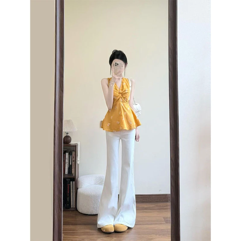 韩系穿搭甜美温柔休闲百搭V领修身显瘦无袖上衣高腰直筒微喇长裤