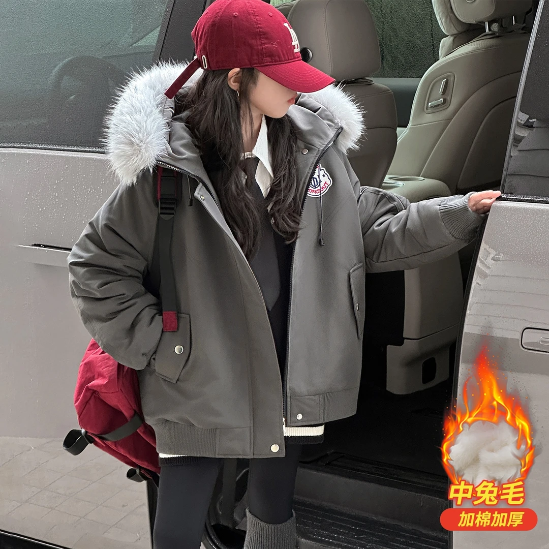 女童毛领加绒派克服2025新款儿童女孩加厚棉服洋气保暖棉袄外套潮