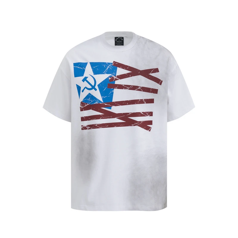 美式街头个性潮流复古水洗做旧喷绘做脏印花短袖T恤欧美中性风短t