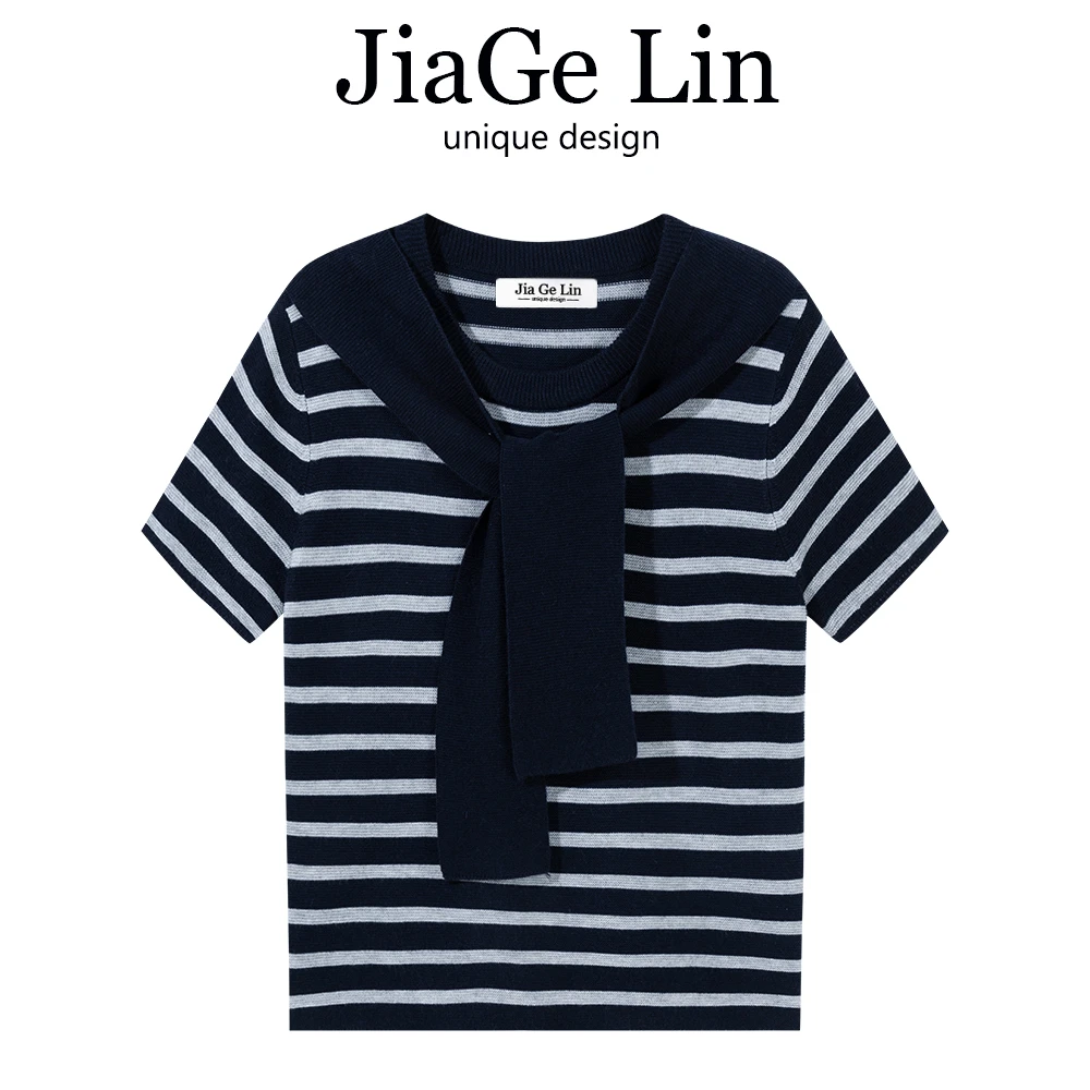 JiaGeLin韩系假两件披肩条纹针织衫女春夏高级感洋气百搭短袖上衣