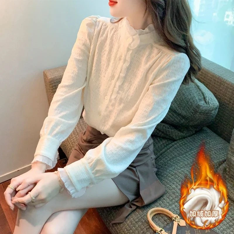 秋冬新款加绒加厚木耳花边立领衬衫女气质时尚内搭打底洋气小衫