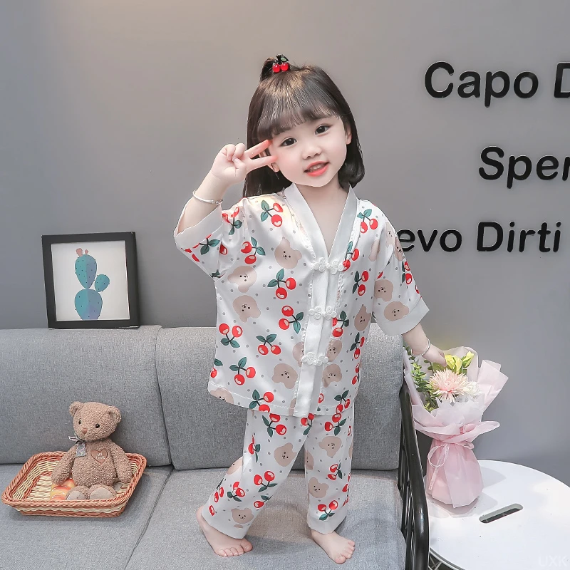 儿童睡衣夏季薄款儿童短袖冰丝家居服套装女孩夏天可爱宝宝空调服