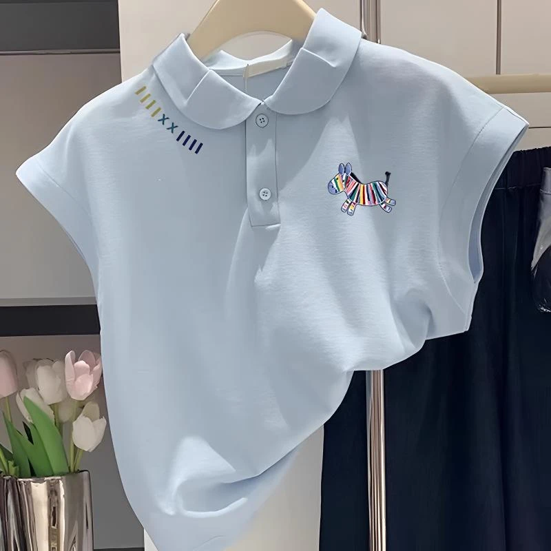 蓝色彩条小马T恤女夏2025新款小个子洋气减龄显瘦娃娃领无袖上衣