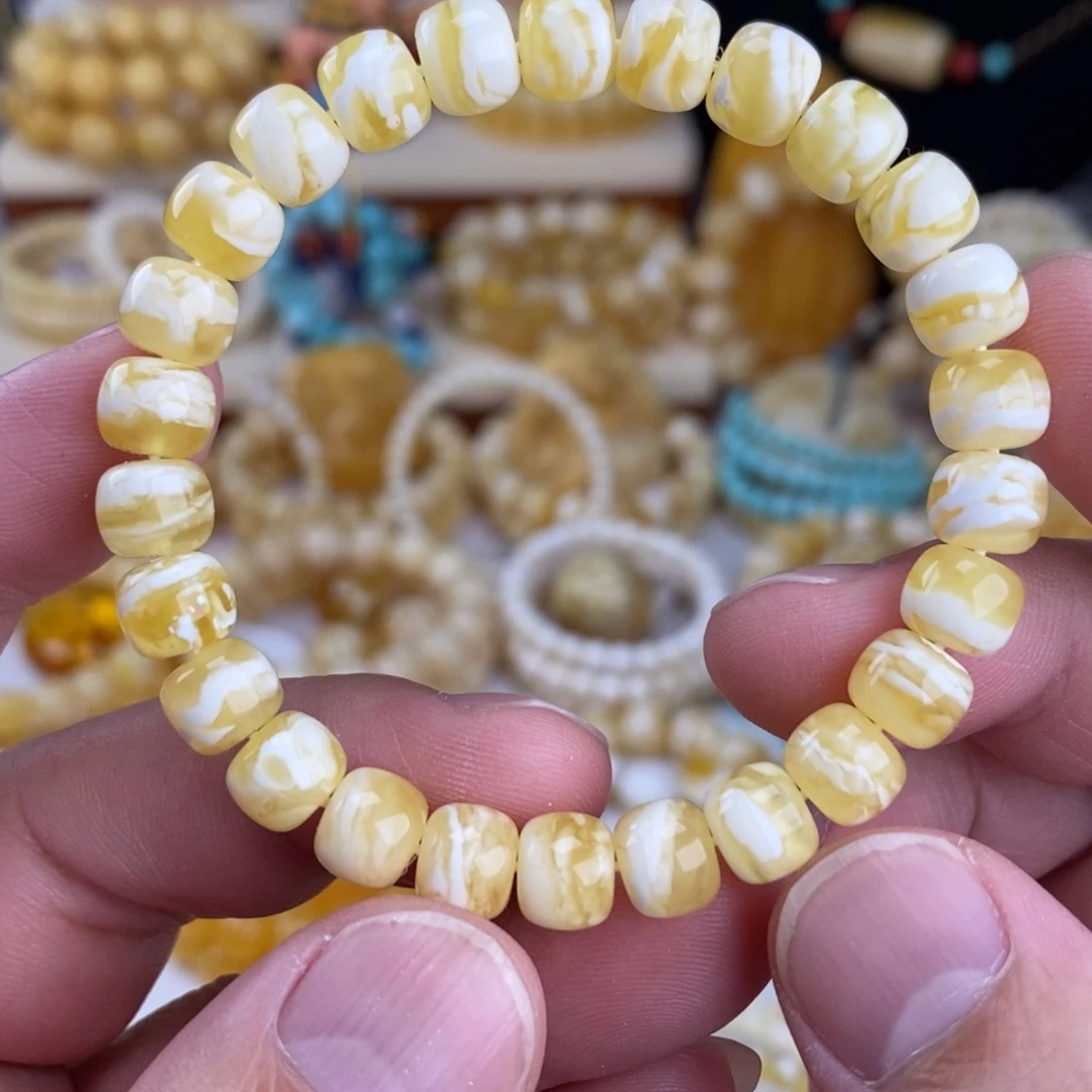 蜜蜡未镶嵌手链瓷白细纹虎皮8.3mm