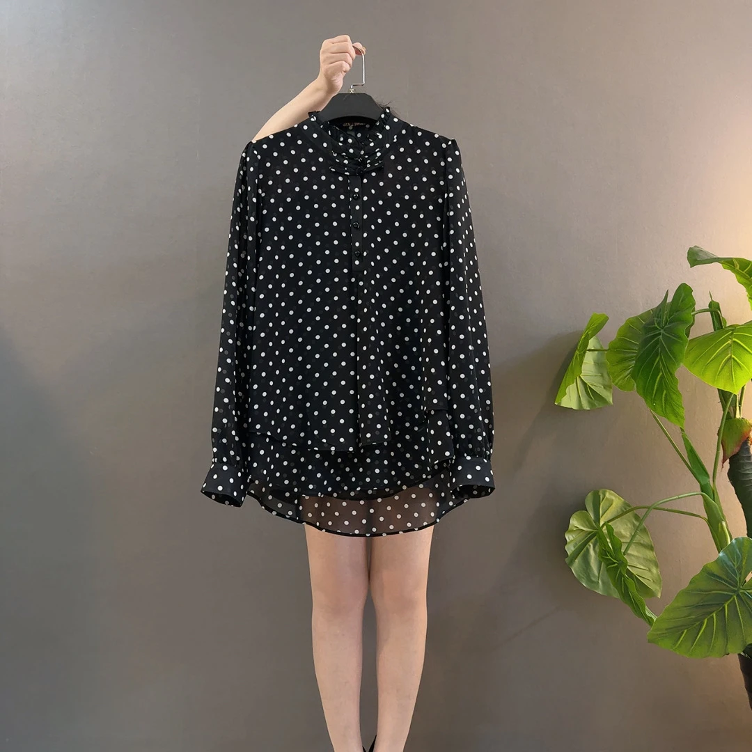 时尚波点长袖衬衫新中式复古设计感宽松大码上衣