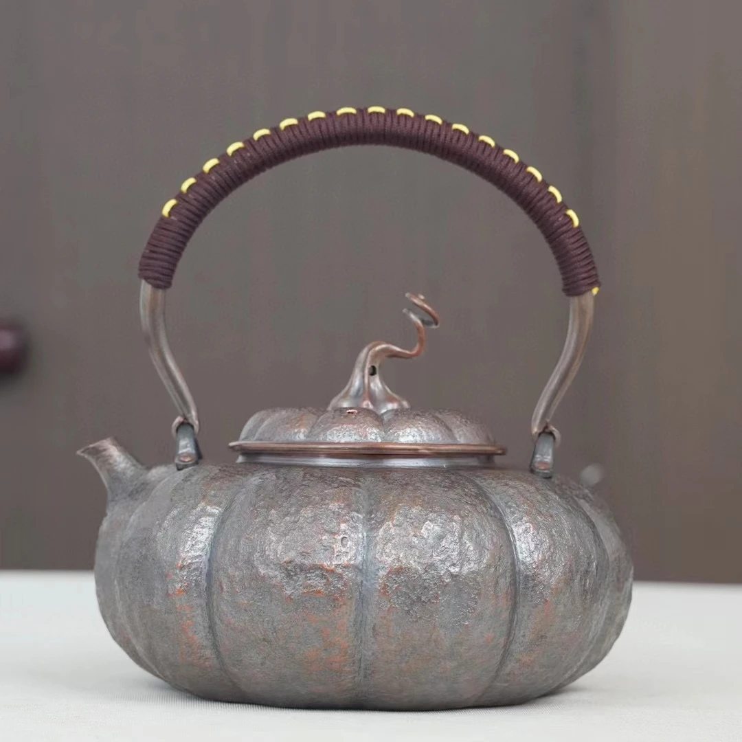 [银盛铜器]1100毫升复古石头纹南瓜提梁壶烧水壶铜壶