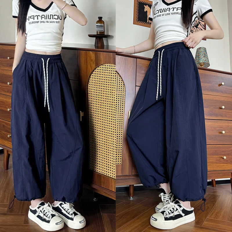 塔斯隆冰丝速干运动裤女夏季薄款高腰九分气球灯笼裤休闲阔腿卫裤