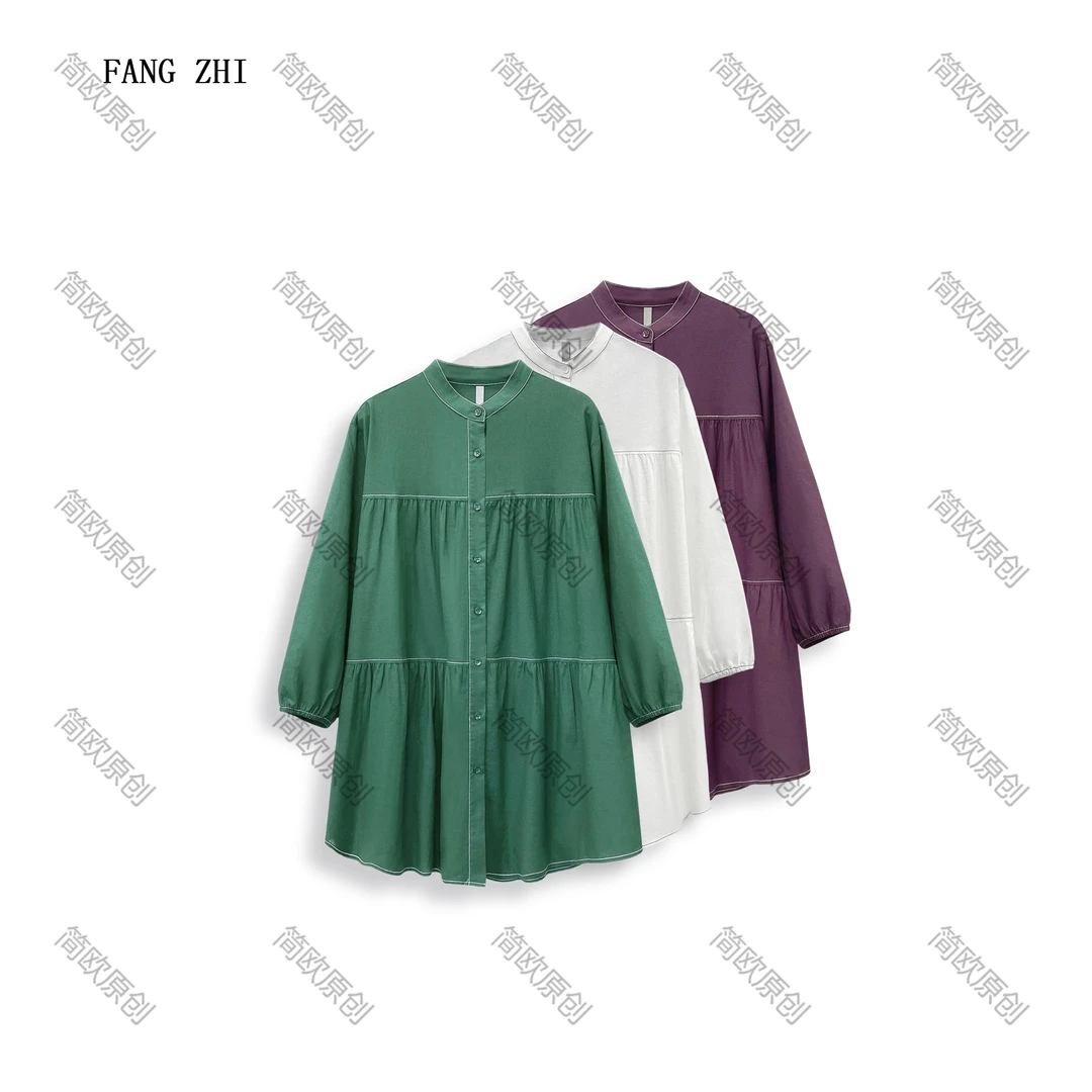 简约时尚中袖立领褶皱宽松衬衫休闲显瘦中长款A字气质上衣 B4127