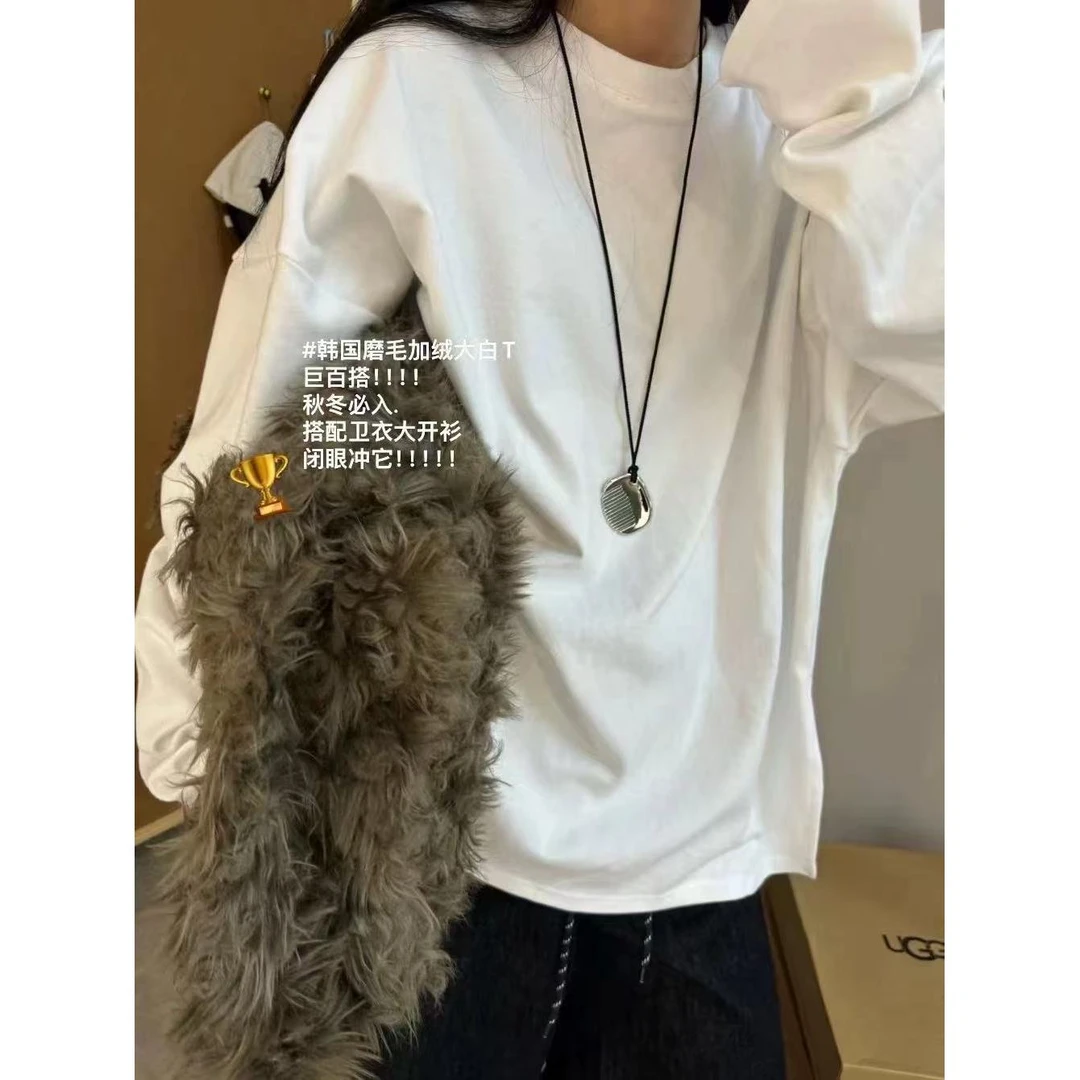（三万）冬季磨毛新款纯棉T恤宽松廓形慵懒日系极简袖开叉上衣28100