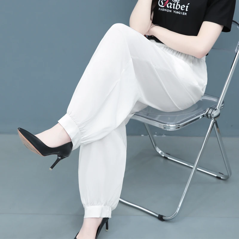 时尚休闲裤女夏季薄款洋气灯笼裤宽松棉绸裤子高腰大码显瘦防蚊裤