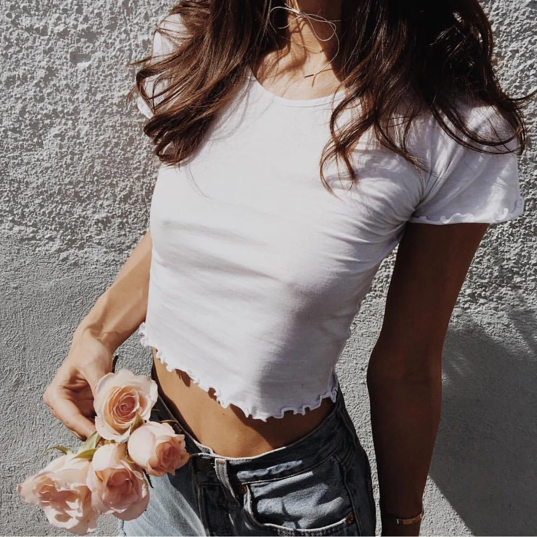 JYE10383欧美风新款基础款圆领木耳边短袖T恤女修身显瘦上衣