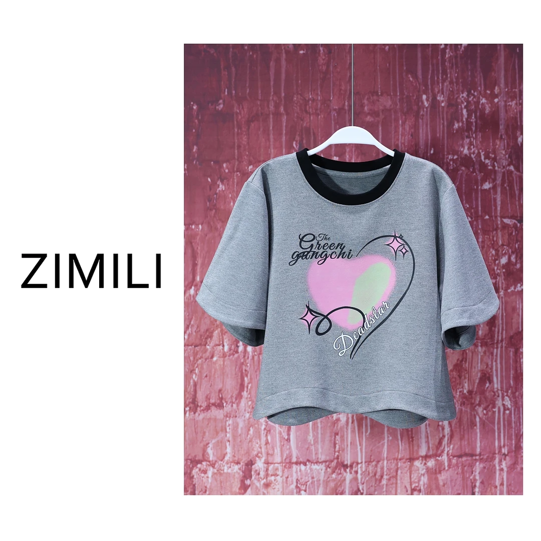 【亮哥女装】2025欧版《琴瑟》银灰色爱心印花时尚高克重短袖6898-C4