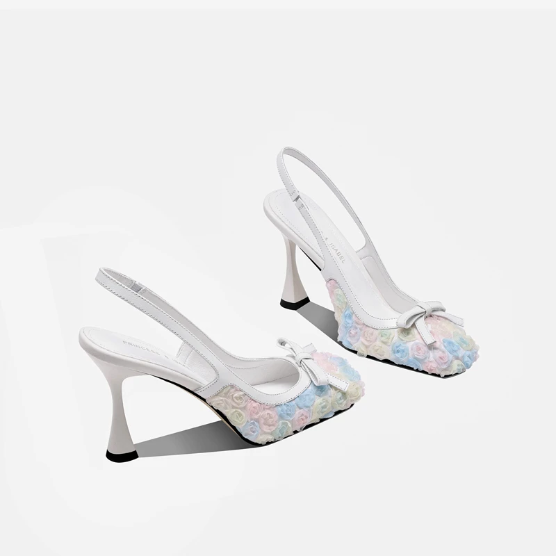 仙女风花朵包头凉鞋女2025夏季新款蝴蝶结后空法式绝美细跟高跟鞋