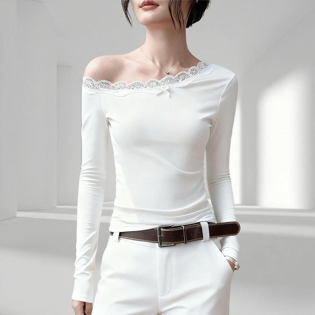 长袖T恤女2025秋装新款韩系百搭设计感一字领斜肩蕾丝内搭打底衫