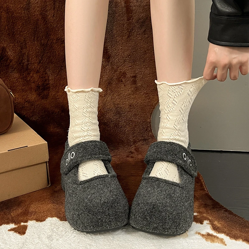 欧货毛呢毛毛鞋一字魔术贴玛丽珍厚底松糕单鞋小个子7大头棉鞋