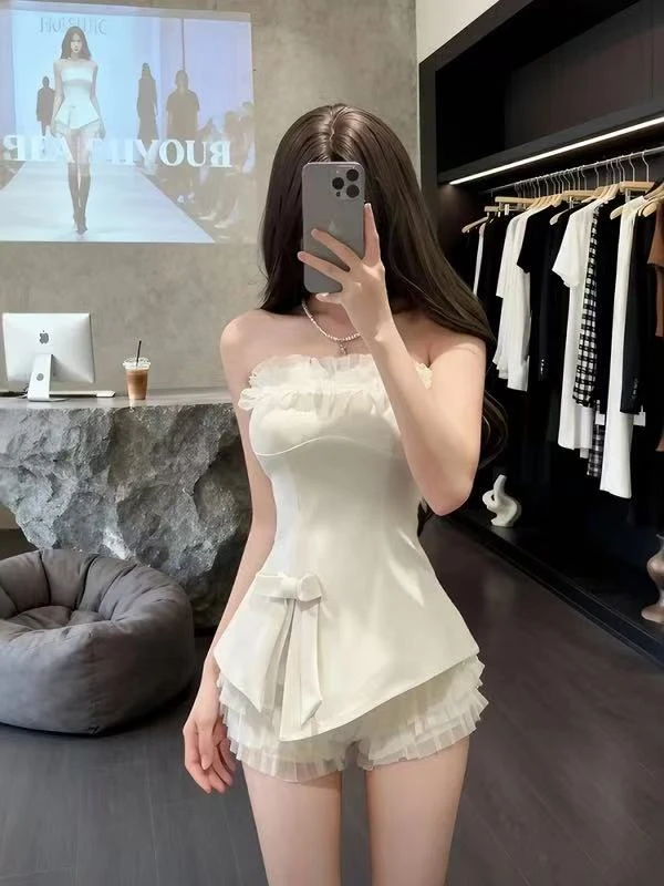 贵绫【雾白甜飒】古董娃娃 秋季纯欲蝴蝶结修身显瘦抹胸辣妹套装