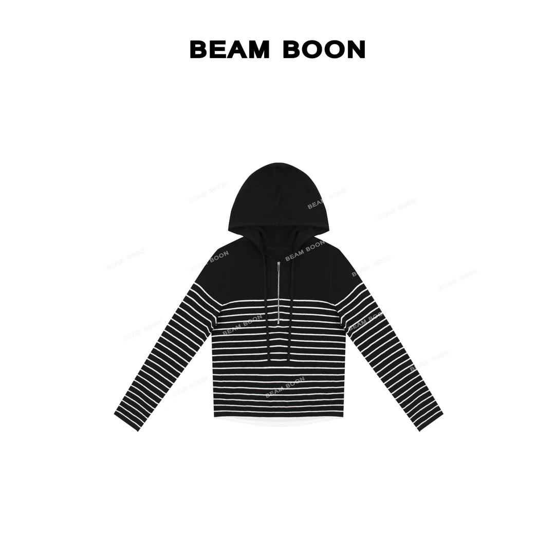 Beam Boon|【瑞慕条纹】假两件软糯美丽奴羊毛混纺半拉链针织毛衣