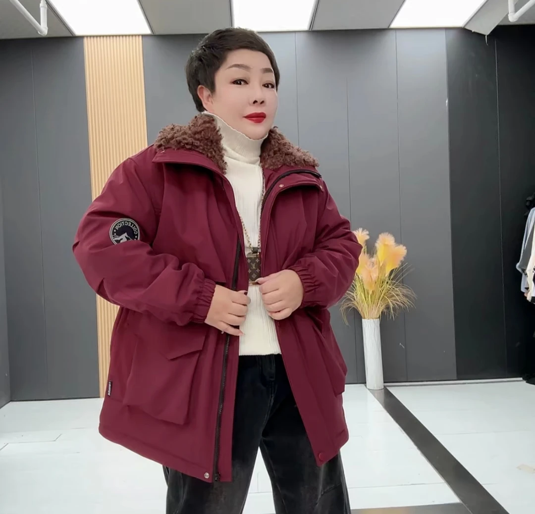 137加绒加厚大码抽绳翻领宽松遮肉棉服外套