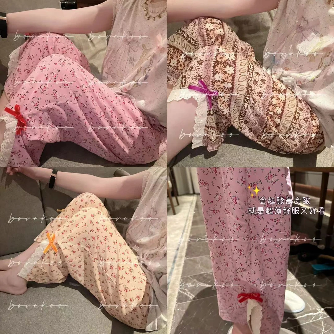 【BORAKOO】【吉莉】  多色碎花蝴蝶结底边开叉家居裤