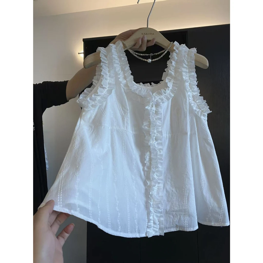 璎婲sᴀᴋᴜʀᴀ【季夏之声】曼V领甜美重工刺绣拼接木耳边花边无袖衬衫