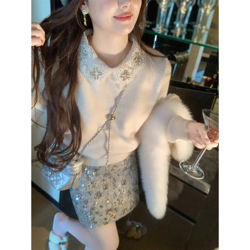 高级韩版镶钻翻领蕾丝衬衫女2026秋冬新款小香风外穿网红针织上衣