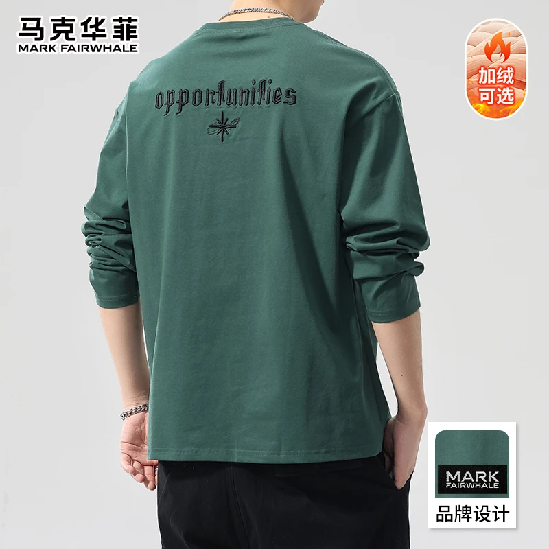 马克华菲秋冬季加绒加厚长袖打底衫美式复古刺绣上衣休闲卫衣男潮