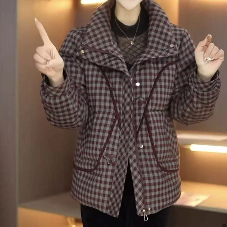 冬季时尚气质高档复古格纹立领短款加厚棉服外套宽松显瘦保暖新款