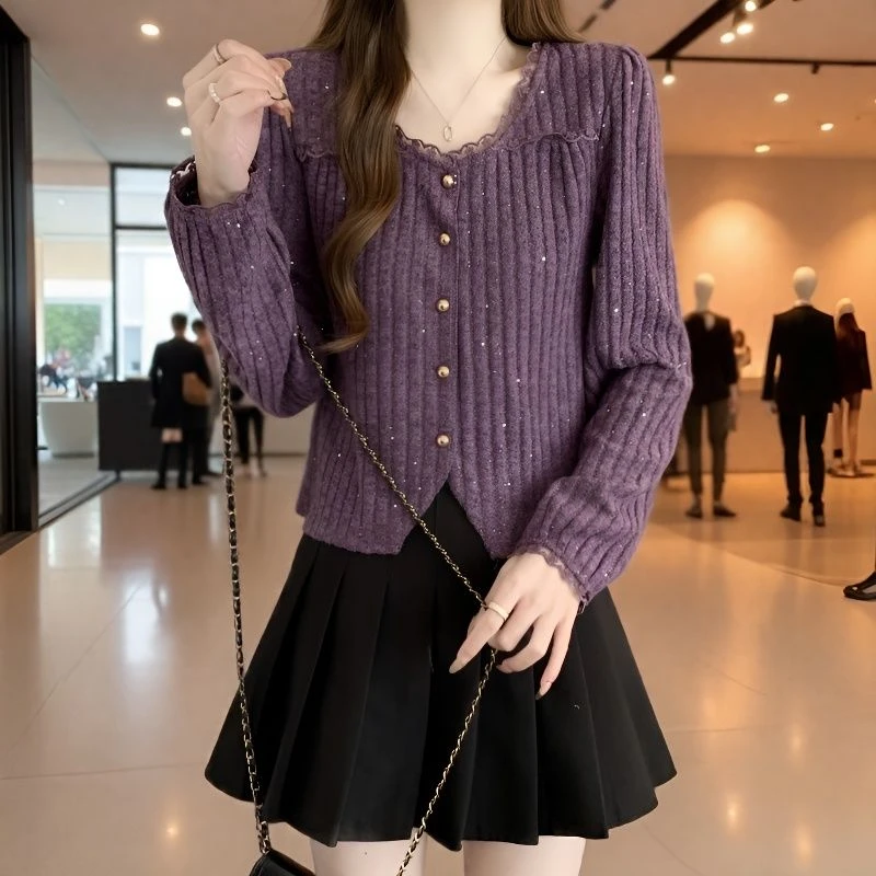 大码女装遮肚子亮片长袖开衫秋季胖妹妹气质宽松显瘦打底针织上衣