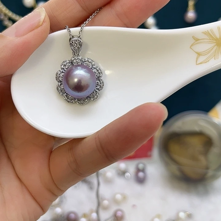 合金淡水珍珠紫珠银色花苞吊坠